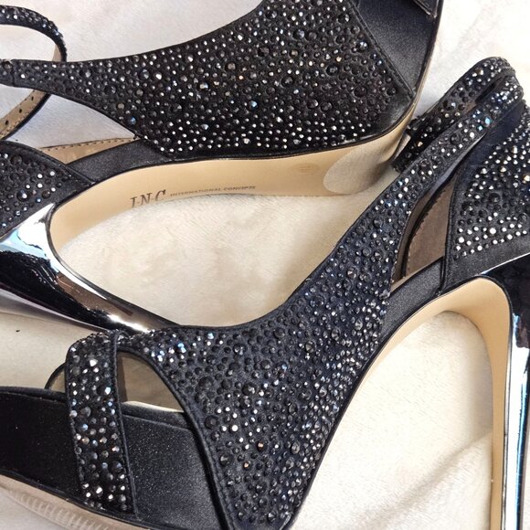 INC Black Rhinestone Embellished Platform Heels With Ankle Strap & Stiletto  Siz - Picture 4 of 12